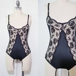 Henson Kickernick Vintage 80s Black Lace Satin Lingerie Bodysuit Teddy Petit XS